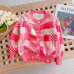 カーディガン 女の子 キッズ 子供服 ニット アウター 羽織り 秋冬 裏起毛 あったか 快適 チェック柄 韓国 おしゃれ カジュアル 普段使い ポリエステル