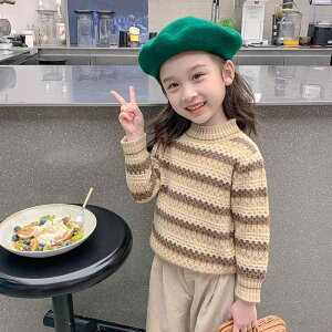 ニット キッズ 女の子 ガールズ 秋冬 プルオーバー 裏起毛 長袖 丸首 セーター おしゃれ かわいい 韓国 カジュアル 通学 普段使い ポリエステル 保温 ストライプ パープル キャメル