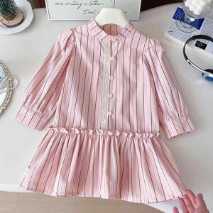 ワンピース キッズ 女の子 ストライプ柄 シャツ襟 長袖 ピンク プリンセスラインドレス 綿 ポリエステル 春秋 子供服 小学生 フォーマル お出かけ かわいい