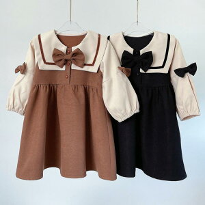 ワンピース 女の子 キッズ 長袖 春秋 学院風 おしゃれ かわいい ポリエステル リボン プリンセスライン フレア 通学 発表会 子供服