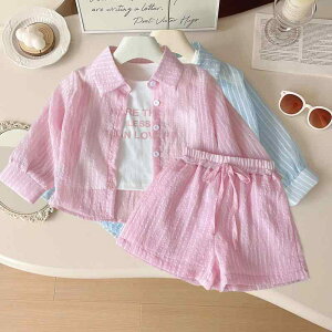 子供服 女の子 キッズ セットアップ スリーピース 春夏 薄手 ポリエステル 縦ストライプ 長袖 UVカット ショートパンツ カジュアル かわいい おしゃれ 普段使い お出かけ