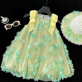 ワンピース 女の子 キッズ ノースリーブ プリンセスドレス チュールスカート 夏 無地 おしゃれ かわいい 柔らかい肌触り ナイロン ポリエステル 綿素材 グリーン