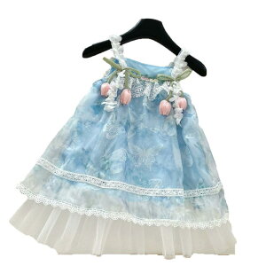 ワンピース 女の子 キッズ ガールズ キャミソール プリンセスドレス 立体花 フラワー バックオープン 背中開き メッシュ ノースリーブ ポリエステル 夏 サマー ブルー おしゃれ 普段使い