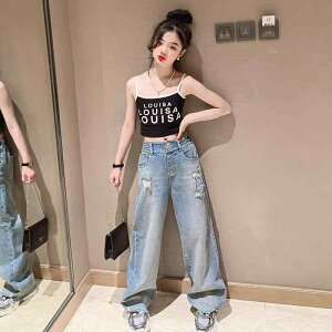 女の子 綿混デニム ストレートワイドパンツ ブルー ハイウエスト カジュアル 普段使い おしゃれ キッズ ジュニア