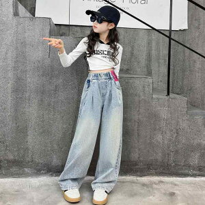 パンツ キッズ 女の子 春秋 デニム ワイドパンツ ウォッシュ加工 ストレートシルエット ハイウエスト フルレングス パッチデザイン レトロ 韓国 ポリエステル 綿混 かわいい おしゃれ 着回