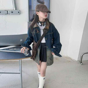 デニムジャケット 女の子 ジュニア 韓国 襟付き ボタン ミドル丈 ポケット 刺繍 春秋 通学 普段使い カジュアル 羽織り ソフト生地 ブルー グリーン