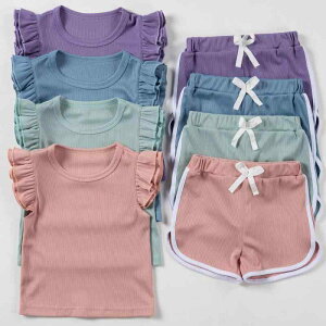 セットアップ 女の子 キッズ ガールズ 夏服 ストライプ ボーダー 配色 フリル袖 ショートパンツ 薄手 涼しい 快適 カジュアル 普段使い おしゃれ ツーピース ポリエステル