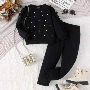 スウェット セットアップ キッズ 女の子 幼児 小学生 長袖 トレーナー 上下セット 無地 リブ ビーズ飾り ロングパンツ 綿素材 ソフトタッチ 普段使い 秋冬 黒 ブラック