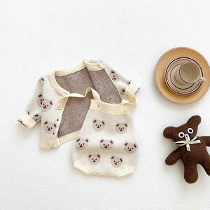 ニットカーディガン ベビー キッズ 男の子 女の子 クマ柄 レーヨン ポリエステル クルーネック 韓国ファッション やわらか素材 秋冬春 長袖 前開き おしゃれ かわいい