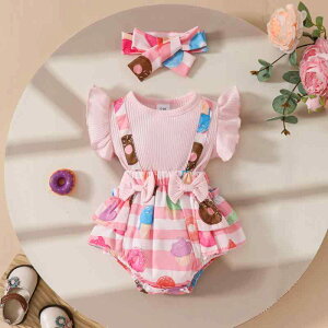 ロンパース 女の子 ベビー 赤ちゃん ガールズ 夏用 欧米風 ドーナツ柄 リボン フリル袖 ノースリーブ ショート丈 肌に優しい リブ ポリエステル素材 かわいい おしゃれ 普段使い