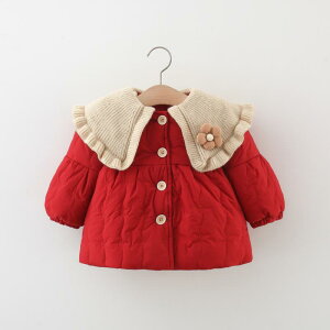 キッズ 女の子 ベビー 中綿ジャケット アウター コート 秋冬 防寒 厚手 暖かい コットン 綿素材 フードなし 丸首 クルーネック 前ボタン シングルボタン 花柄 フラワー 韓国 かわいい レッド