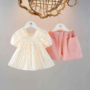 ベビー 女の子 夏 小花柄 ワンピース ショートパンツ 2点セット 薄手 ポリエステル 半袖 ピンク カジュアル おしゃれ セットアップ