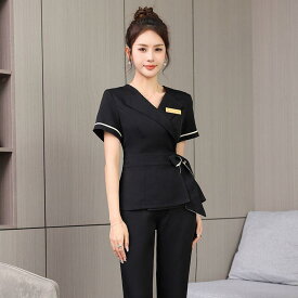 ユニフォーム レディース 美容師 エステ スパ サロン フットケア マッサージ 施術着 セットアップ 高級感 エレガント 五分袖 牛角袖 ミッド丈 パンツ コットンブレンド ストレッチ 春夏秋 黒 ピンク