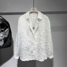 シャツ メンズ 春夏 モード系 長袖 襟付き シアー メッシュ 透かしデザイン 薄手 ルーズフィット トップス 個性的 カジュアル 白 黒 日常使い 再生繊維