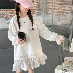 ワンピース 女の子 ガールズ ジュニア キッズ 春秋 長袖 フリル 切り替え スウェット トレーナー Aライン 綿 コットン 韓国 おしゃれ かわいい プリンセス カジュアル 普段使い お出かけ