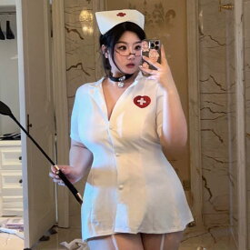 コスプレ ナースコスチューム レディース 女性用 セクシー 深Vネック 制服 大きいサイズ ぽっちゃり ふくよか 魅惑 ナイトウェア ランジェリー ポリエステル ピンク ホワイト