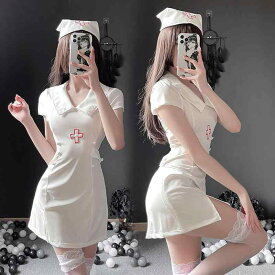 ナース服 レディース セクシー コスプレ 衣装 コスチューム 白 黒 フリーサイズ ポリエステル 仮装 イベント かわいい ロールプレイ セットアップ