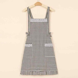 エプロン レディース 女性用 大人用 綿 コットン ノースリーブ プリンセスライン フレアスカート キッチン 料理 家事 防汚 撥水 割烹着 スモック 作業用 黒 ブラック チェック柄 韓国