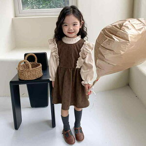 ワンピース キッズ 女の子 秋 コーデュロイ ジャンパースカート 長袖 ブラウス 韓国ファッション 2点セット ポリエステル 子供服 ブラウン イエロー 普段使い カジュアル おしゃれ
