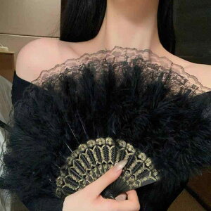 扇子 古風 中国風 レトロ 漢服 チャイナドレス ネオチャイニーズ 折りたたみ 羽毛 フェザー 黒 ブラック 舞扇 ダンス コスプレ 撮影小物 レース エレガント 上品