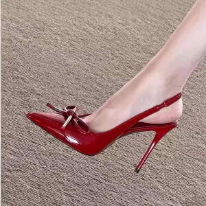 サンダル レディース 夏 ポインテッドトゥ ミュール ハイヒール ピンヒール ボルドー リボン フレンチスタイル 上品 エレガント セクシー 合皮 8cmヒール 通勤 オフィス