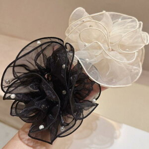 シュシュ レディース 韓国 オーガンジー パール付き ダブルフリル かわいい フェミニン お団子ヘア まとめ髪 ヘアゴム ヘアアクセサリー 高弾力 伸縮性 布製 黒 白 ブラック ホワイト