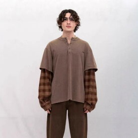 衛衣 メンズ 春秋 マイヤールカラー チェック柄 切り替え フェイクレイヤード クルーネック 長袖 ウォッシュ加工 ゆったり コットン アメカジ プルオーバー ドロップショルダー 普段使い