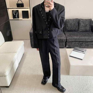 スーツ メンズ 男性用 春秋 セットアップ ショート丈 ジャケット テーラードカラー ワイドパンツ メタルリング スタッズ ゆったり カジュアル ビジネス オフィス 通勤 レーヨン混 化学繊維