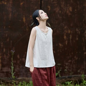 ベスト レディース 春夏 綿麻 竹節織り スラブ生地 軽量 薄手 中華風 レトロ チャイナボタン 手縫い プルオーバー ゆったり 普段使い カジュアル オフホワイト アメジスト ナチュラル