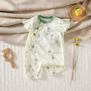 ロンパース ベビー 半袖 春夏 薄手 綿 中華風 水墨画パンダ柄 青い花柄 赤ちゃん服 カバーオール 軽量 コットン 快適 通気性 肌に優しい 普段着 部屋着