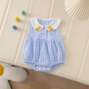 ロンパース 女の子 ベビー 赤ちゃん 夏用 かわいい ノースリーブ 三角 小アヒル柄 ブルーチェック 広め肩 薄手 ポリエステル 快適 おしゃれ カバーオール 普段使い お出かけ