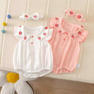 三角ロンパース ベビー 女の子 春夏 いちご柄 ガーゼ 綿 薄手 半袖 プルオーバー かわいい プリンセス お出かけ カバーオール 女児