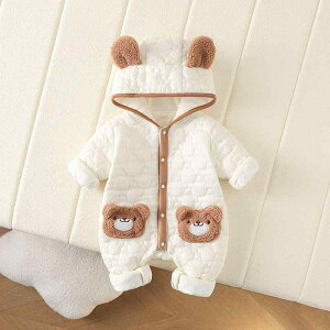 ロンパース カバーオール ベビー 厚手 裏起毛 防寒 暖かい テディベア柄 かわいい おしゃれ ダブルポケット ポリエステル 秋冬 着回し抜群