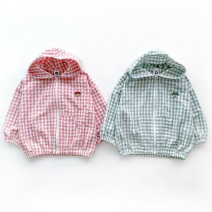 キッズ アウター 男の子 女の子 ベビー 春夏 防風 UVカット フード付き チェック柄 長袖 ジップアップカーディガン 綿 コットン 薄手 軽量 カジュアル 通園 お出かけ トップス