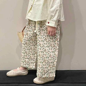 キッズ 女の子 ロングパンツ ワイド ストレート 小花柄 ゆったり ルーズフィット カジュアル 綿 コットン 韓国 おしゃれ 春秋 ミドルウエスト ゴムウエスト 柔らかい