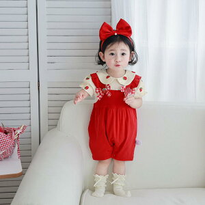 ロンパース ベビー 女の子 新生児 半袖 いちご柄 サロペット風 カバーオール 綿 薄手 かわいい 春夏 部屋着 お出かけ レッド