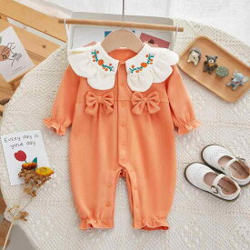 ロンパース 女の子 ベビー 新生児 春秋 綿混 モダール素材 前開き ボタン 長袖 花柄刺繍 韓国 カジュアル カバーオール オレンジ 肌に優しい 子供服