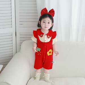 ロンパース 女の子 ベビー 新生児 赤ちゃん服 カバーオール 綿 コットン 薄手 前開き 半袖 ショート丈 韓国 いちご柄 赤 かわいい 春夏 普段使い お部屋着