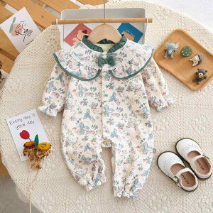 ロンパース 女の子 新生児 ベビー 厚手 暖かい あったか 防寒 秋冬 長袖 カバーオール おしゃれな森柄 植物柄 総柄 ポリエステル プルオーバー アプリコットカラー