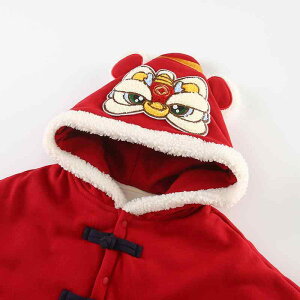 ポンチョ ベビー キッズ 男の子 女の子 男女兼用 裏起毛 厚手 暖かい 防寒 フード付き 中国風 獅子舞柄 ケープ マント アウター 秋冬 コットン レッド