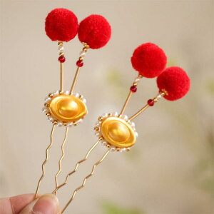 ヘアアクセサリー キッズ お正月 中華風 漢服スタイル ラッキーアイテム 縁起物 金の延べ棒 財神 赤 ポンポン レトロ ヘアクリップ かんざし 髪飾り 金属製