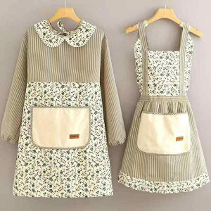 エプロン レディース 女性用 長袖 スモック キャンバス 綿麻 料理 調理 キッチン 作業着 割烹着 花柄 撥水 防汚 汚れにくい フリーサイズ カフェ ガーデニング