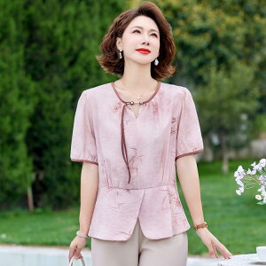 Tシャツ レディース ミセス シニア 女性用 春夏 半袖 Vネック ウエストマーク チャイナ風 花柄 プリント ポリエステル スパンデックス カジュアル 普段使い トップス