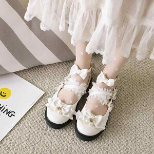 ストラップシューズ レディース 親子お揃い 韓国 ロリータ 森ガール ラウンドトゥ ローヒール チャンキー スタイルアップ フリル リボン バックル レース 花柄 合成皮革 フェイクレザー 白
