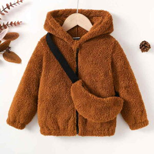 キッズアウター 男女兼用 子供服 ボア ジャケット フード付き 長袖 ジップアップ もこもこ ふわふわ カジュアル 秋 普段使い 通学 ブラウン ポリエステル 暖かい 柔らかい 肌触り