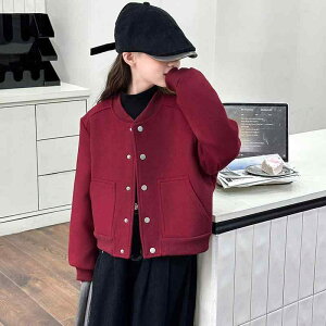 スタジャン 女の子 キッズ ジュニア 厚手 ダブルフェイス ウール混 秋冬 ショート丈 アウター レッド 赤 防寒 暖かい アセテート ポリエステル 韓国 カジュアル 通学 普段使い ジップアップ