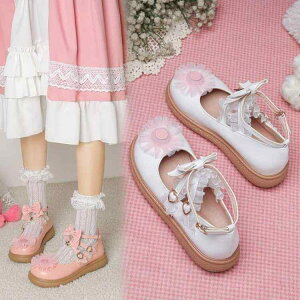 パンプス レディース ロリータ JK制服 マリージェーン ストラップ リボン レース かわいい ラウンドトゥ ウェッジヒール 厚底 PUレザー 合成皮革 通気性 秋冬 ホワイト ピンク オフホワイト
