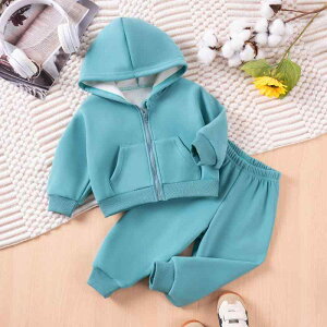 ベビー服 キッズ 男女兼用 秋冬 カジュアル スポーツウェア 上下セット フード付きパーカー ジップアップ スウェットパンツ 無地 長袖 ロング丈 綿 柔らか素材 普段使い 部屋着 ピーコック