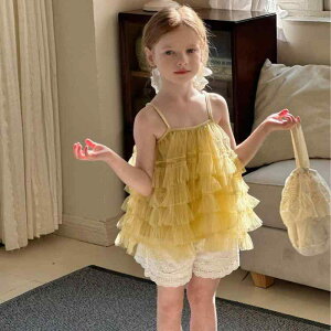 キッズ 女の子 キャミソール ショートパンツ セットアップ フレンチプリンセス風 チュール 刺繍 ゆったり 薄手 柔らかな肌触り ガーゼ 綿 コットン 春夏 韓国 お出かけ 普段使い