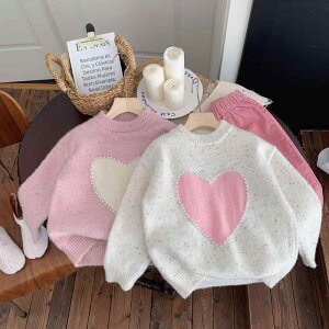 セーター 女の子 キッズ 秋冬 裏起毛 厚手 プルオーバー ハート ビーズ 綿混 ふんわり 長袖 ラウンドネック 韓国ファッション 小学生 幼児 あったか 保温 ソフトタッチ トップス